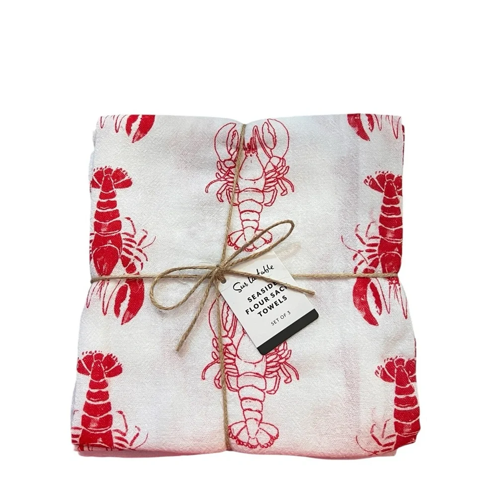 Sur La Table NWT set of 3 Seaside Flour Sack 100% Cotton Towels. Each 20” x 30”